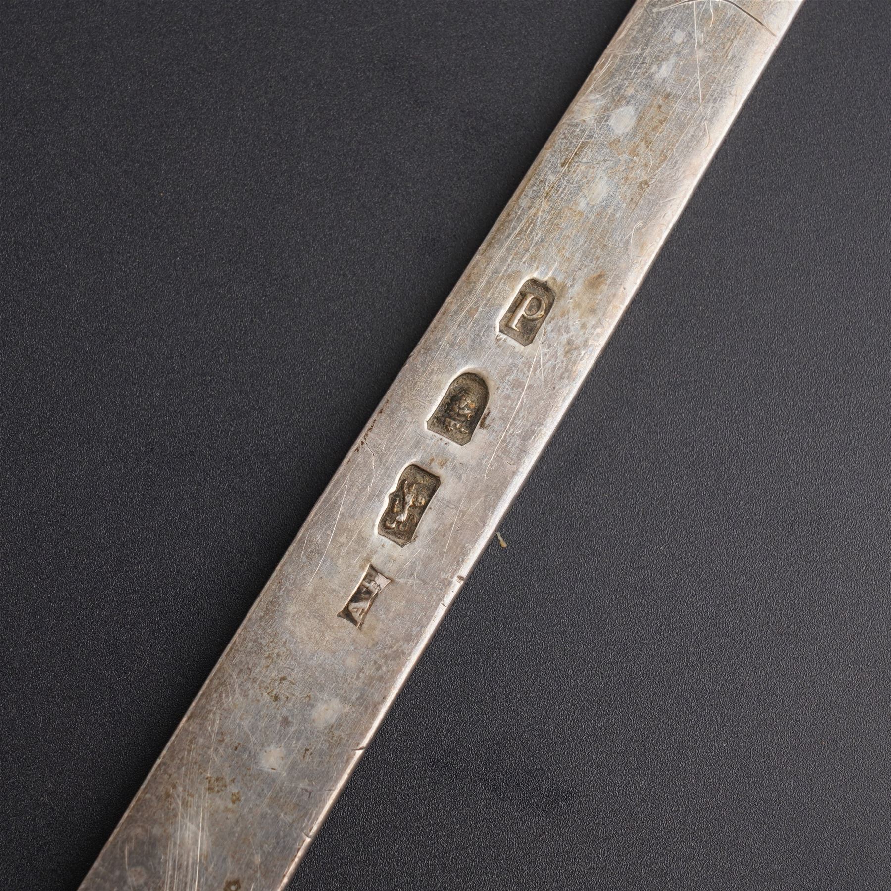 George III silver meat skewer with shell moulded ring L40cm London 1779 Maker Allen Dominy 