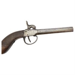 Late 19th century Belgian percussion boxlock pocket pistol, marked PM, with octagonal barrel and checkered wooden grip, L23cm
Sold as an exempt item under Section 58 (2) of the 1968 Firearms Act, to be held as a curiosity or ornament