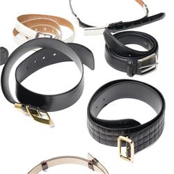 Collection of belts, including white Nike Golf leather belt with oval green and silver Nike swoosh buckle, white Nike leather belt in perforated pattern, black Aigner crocodile-embossed leather belt with large gold buckle, black Jaeger quilted leather belt with rectangular gold buckle, etc (10)