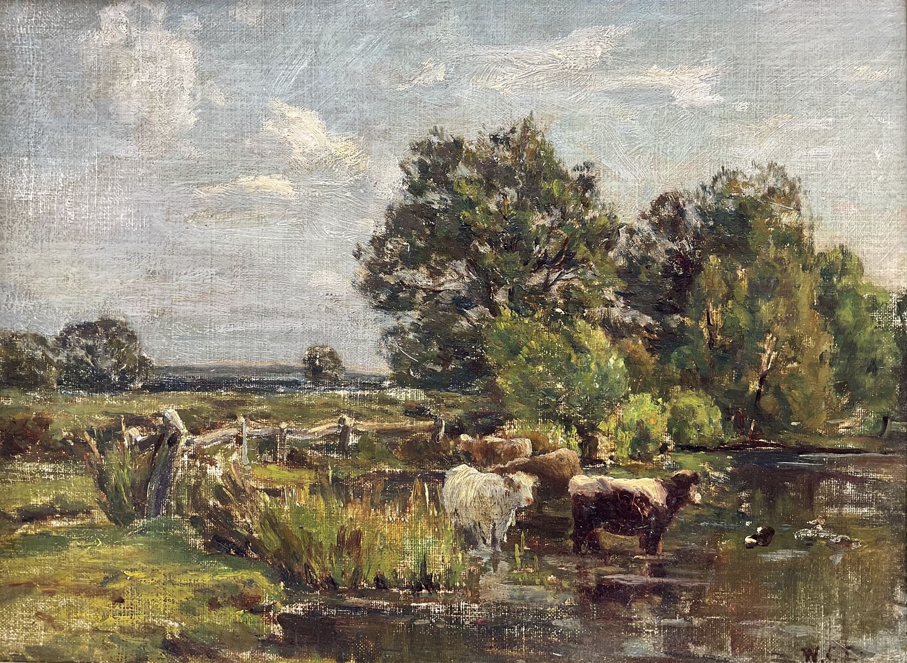 William Charles Estall (British 1857-1897): Cattle and River Landscape, oil on board signed with initials  25cm x 33cm 