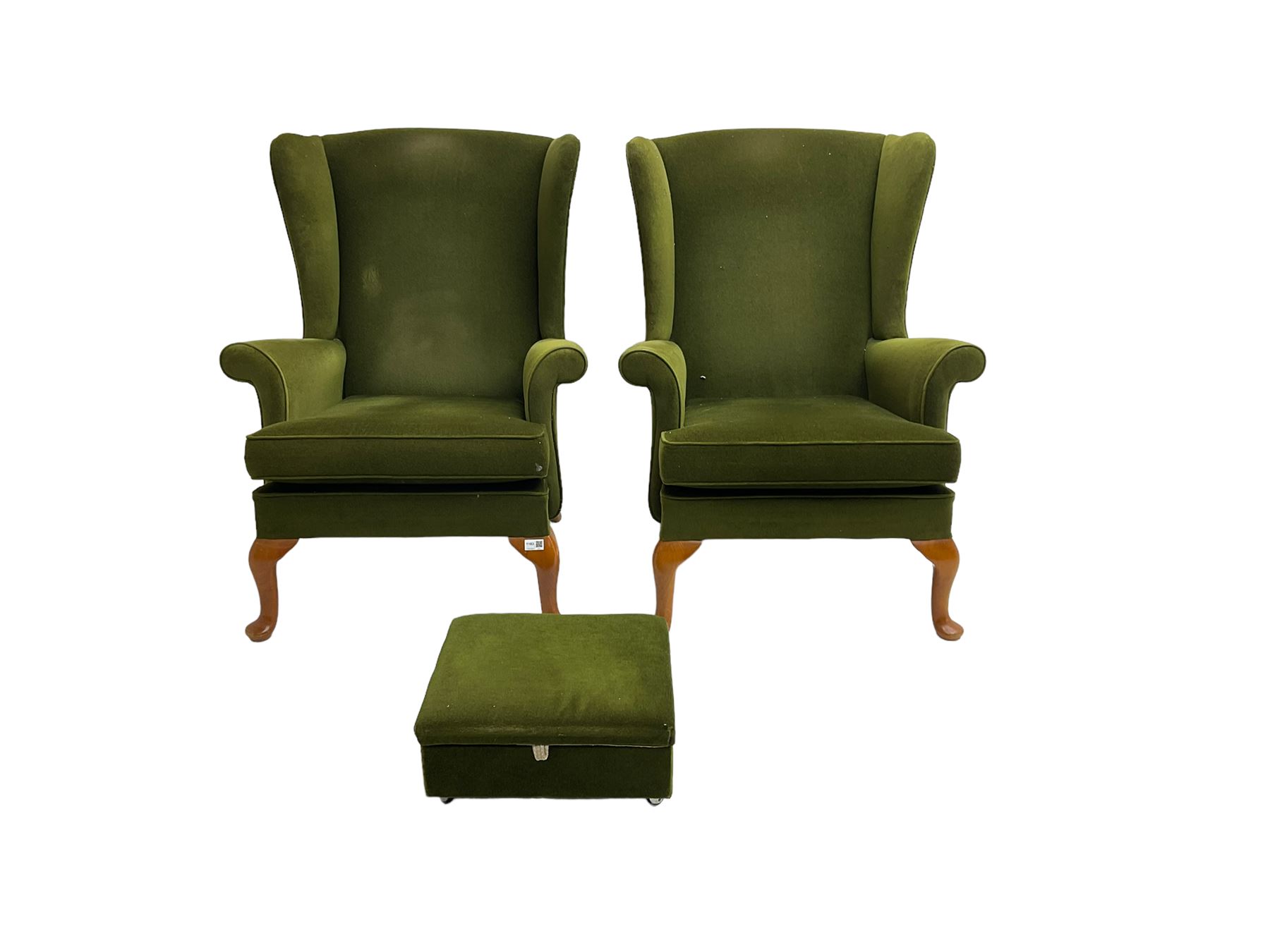 Parker Knoll - pair  vintage 'Penhurst' wingback armchairs, upholstered in olive green fabric on cabriole front supports