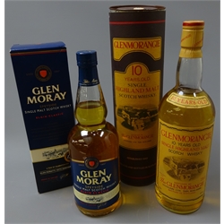  Glenmorangie Single Highland Malt Scotch Whisky, 10 years old, 1ltr 43%vol, in tube and Glen Moray Speyside Single Malt Scotch Whisky, Elgin Classic, 70cl 40%vol, in carton, 2btls  
