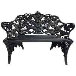 Coalbrookdale - black painted cast iron 'fern' pattern garden bench, decorated with trailing fern leaves, mahogany slatted seat