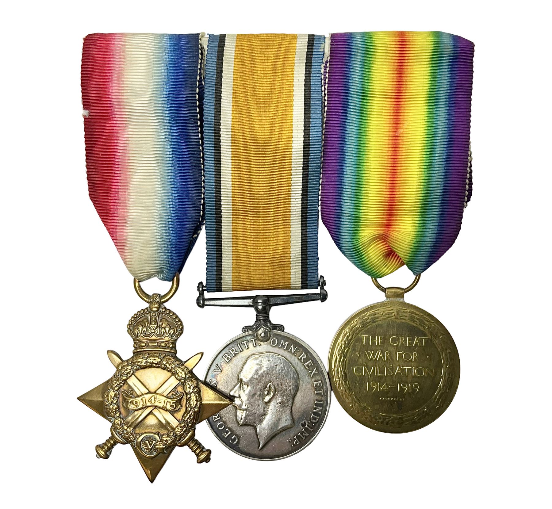 WWI trio of medals comprising British War Medal and Victory Medal awarded to 1815 Pte. W. Scott K.O.Y.L.I. and 1914-15 Star awarded to 200196 Pte. W. Scott Yorks. L.I.; with ribbons on wearing bar