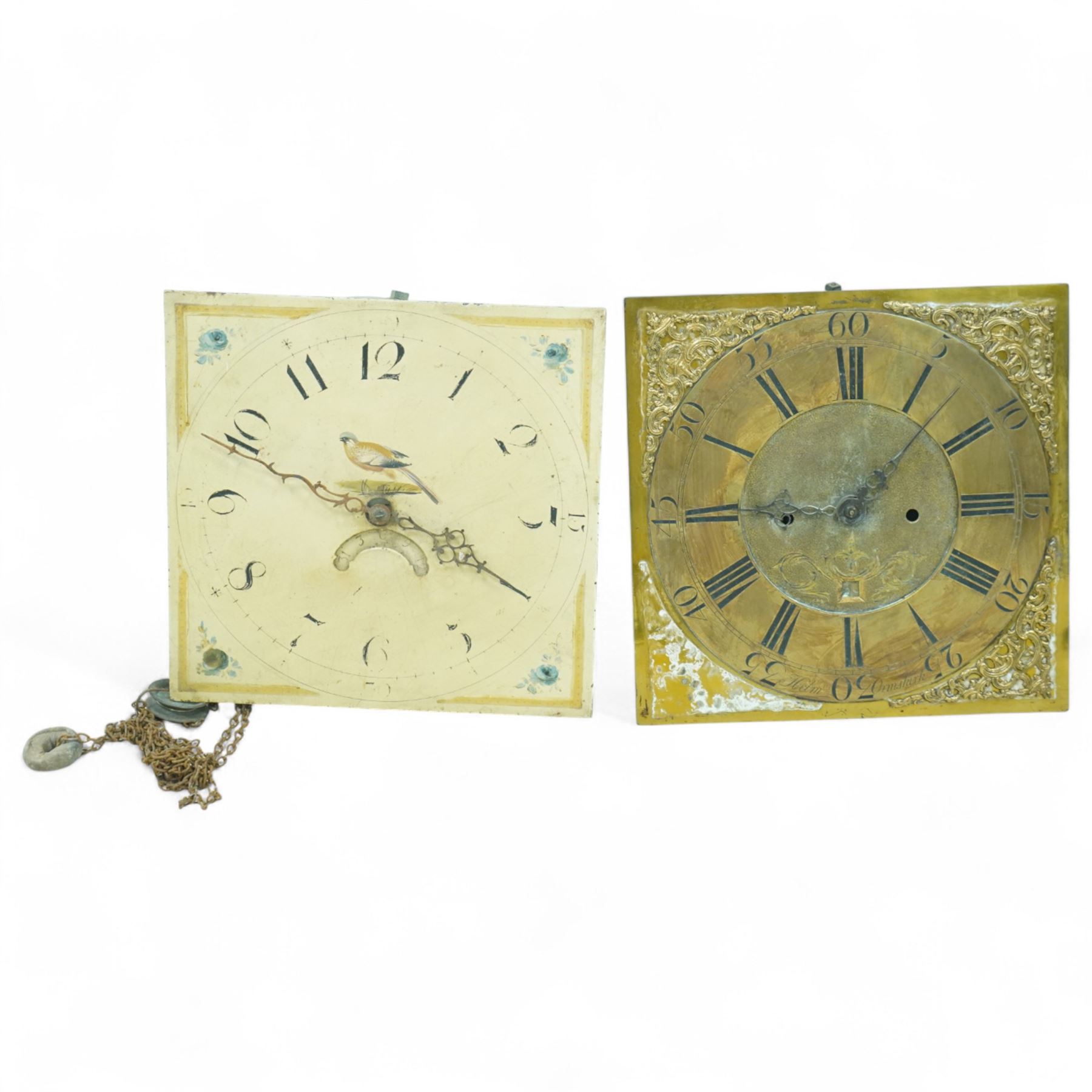 Three empty oak longcase clock cases-for restoration , parts, repair, and two 30hr chain driven movements with 12