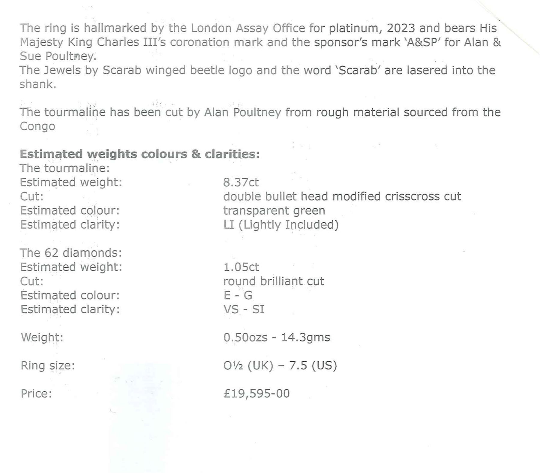 Platinum African Paraiba tourmaline and diamond ring by Scarab London, single fancy double bullet cut tourmaline of approx 8.37 carat, with round brilliant cut diamond surround and diamond set shoulders, London 2023, total diamond weight approx 1.05 carat, with Alan Poultney Gems report