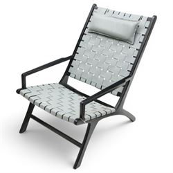 Kendari - Mid 20th century style armchair, grey woven leather seat and back, raised on an ...