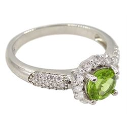 Silver peridot and cubic zirconia flower cluster ring, stamped 925