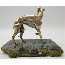  Silver-plated study of a Greyhound after P.J. Mene on marble shaped plinth, L19cm   