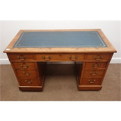  19th century mahogany twin pedestal desk, leather inset top, nine drawers, plinth base on castors, W120cm, H72cm, D59cm  