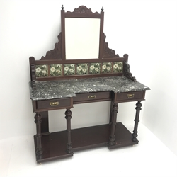  Late Victorian inverted breakfront marble top washstand, raised mirror and tiled back, three drawers, turned and reeded supports joined by solid undertier, W122cm, H158cm, D51cm  