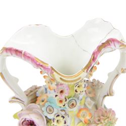 Near pair of Coalbrookdale style vases, of urnular twin handled form, painted with landscape scene and encrusted with blossoming flowers, tallest H29.5cm, together with a smaller Coalbrookdale style twin handled vase profusely encrusted with blossoming flowers, H22cm