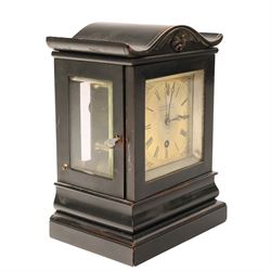 Early Victorian mantel clock, the brass dial inscribed Barraud and Lund, Cornhill, London, No 1543 with chain fusee, plain brass back plate in ebonised case with serpentine top H23cm