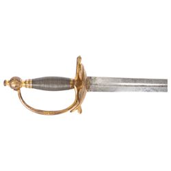 British heavy cavalry officer's sword, 1796 pattern by Thomas Osborn, the 82cm straight double edged blade with central fuller engraved to both sides, with gilded brass boat shaped guard, grip of silver foil over wooden former, within a steel scabbard with twin suspension rings, overall L106cm