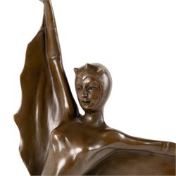 After Josef Lorenzl,- Art Deco style bronze bat girl, upon a stepped circular marble base, H47cm