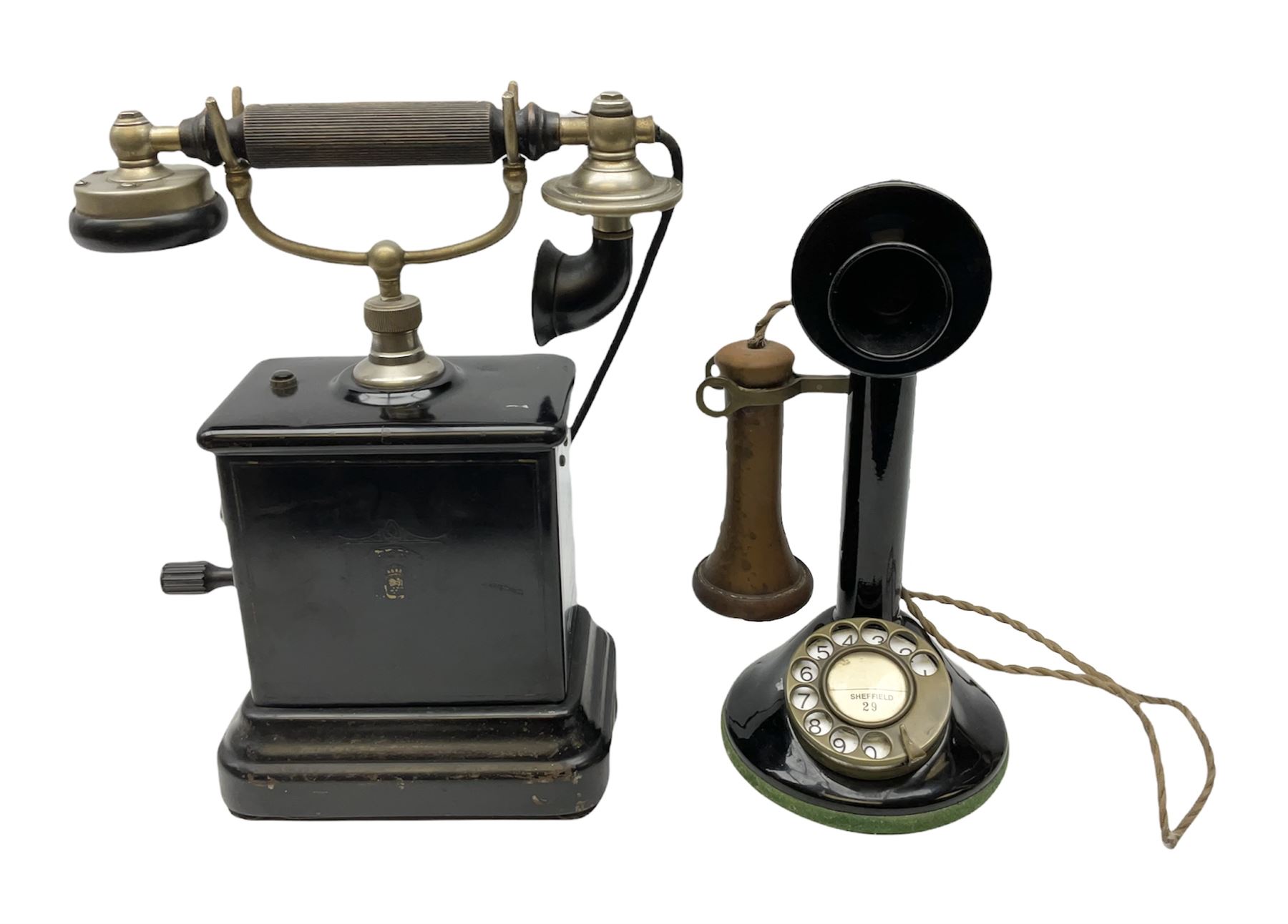 Early 20th century Danish wind up pillar telephone, together with a candlestick telephone with brass dial, wind up telephone H33cm 