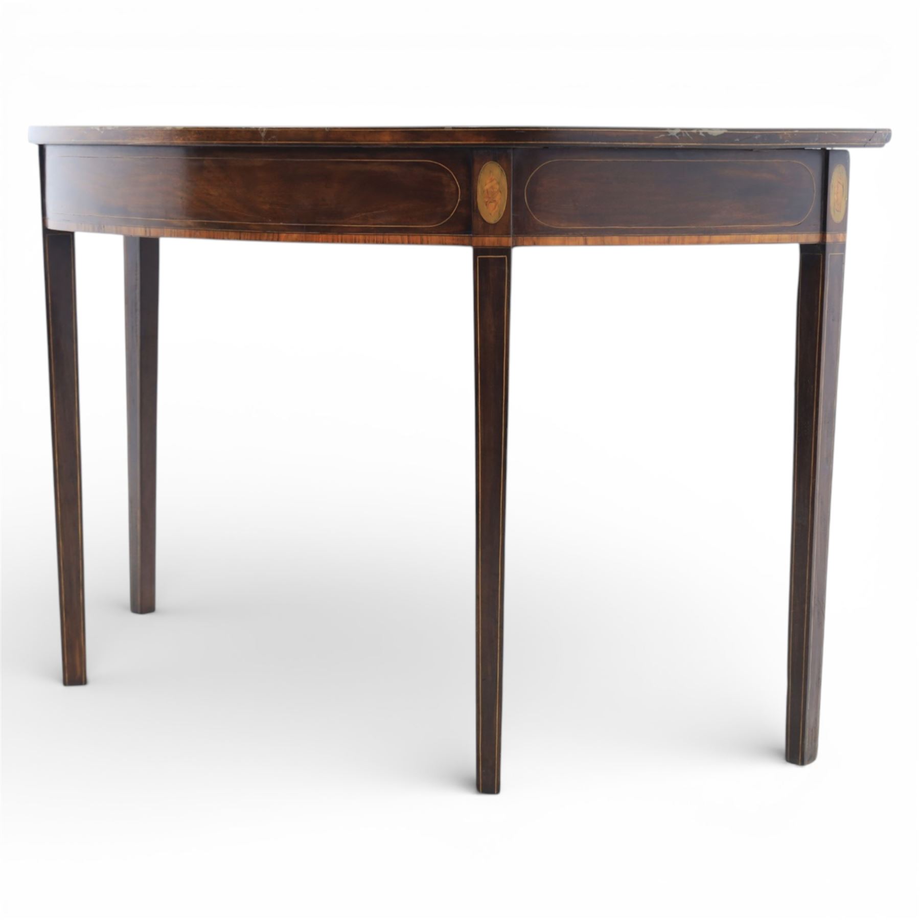 Georgian inlaid mahogany demi lune console table, with inlaid frieze and shell motifs, on square tapering supports 