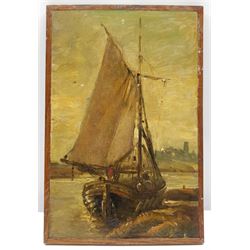 Sailing Barge at Anchor, small early 20th century oil on panel unsigned 25cm x 16cm