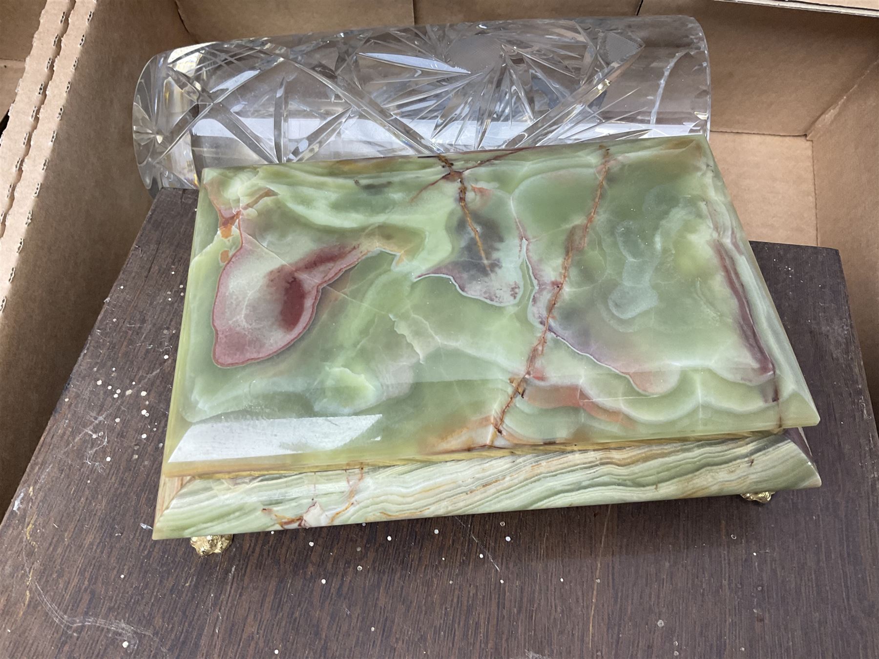 Onyx box with claw feet, together with gilt framed mirror, cut glass vase and other collectables, in three boxes 