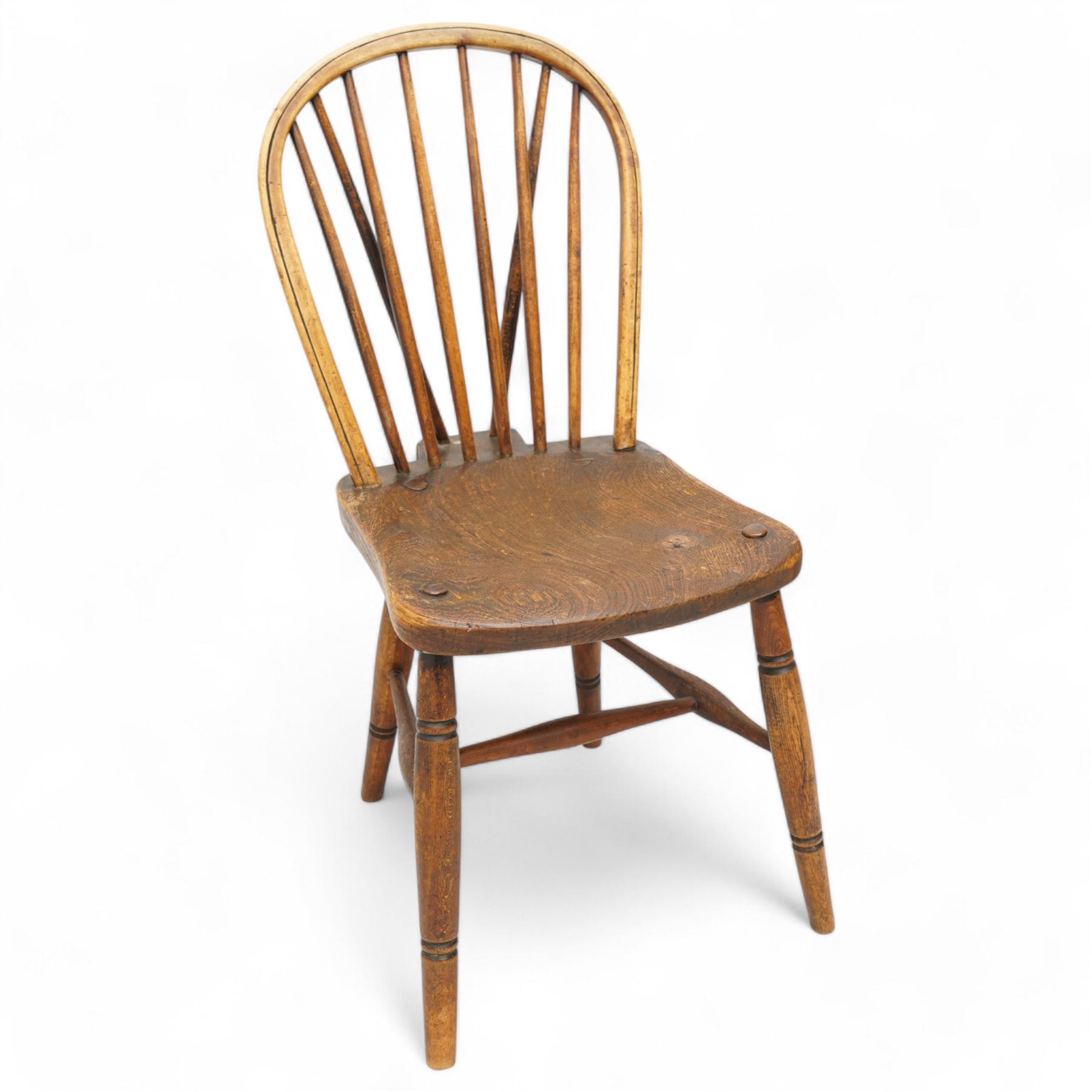 19th century elm and beech hoop and stick back Windsor chair, dished seat on turned supports united by H-stretchers, the seat stamped 'T.H. Filmer C&M 1859' (W38cm, H86cm);19th century elm and beech Windsor chair, hoop and stick back with pierced wheel splat, dished seat on turned supports united by swell turned stretchers (W36cm, H88cm)