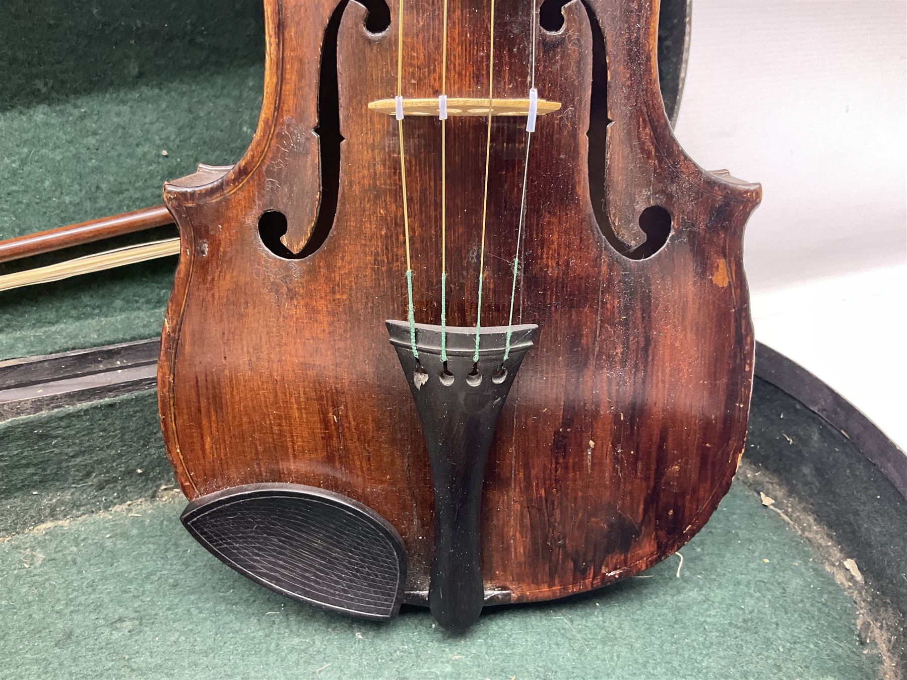 German Hopf violin c1900 with 35.5cm two-piece maple back impressed HOPF, maple ribs and spruce top, also marked HOPF internally L58.5cm overall; in Maidstone ebonised wooden coffin case with bow