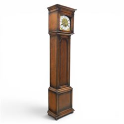 Early 20th century oak longcase clock, square brass dial with engraved foliate spandrels a...