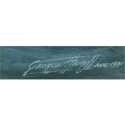 George Heiron (British 1929-2001): 'USS Missouri with HMS Edinburgh at Full Steam' - First Gulf War, oil on canvas signed and dated Aug. 1991, 49cm x 75cm