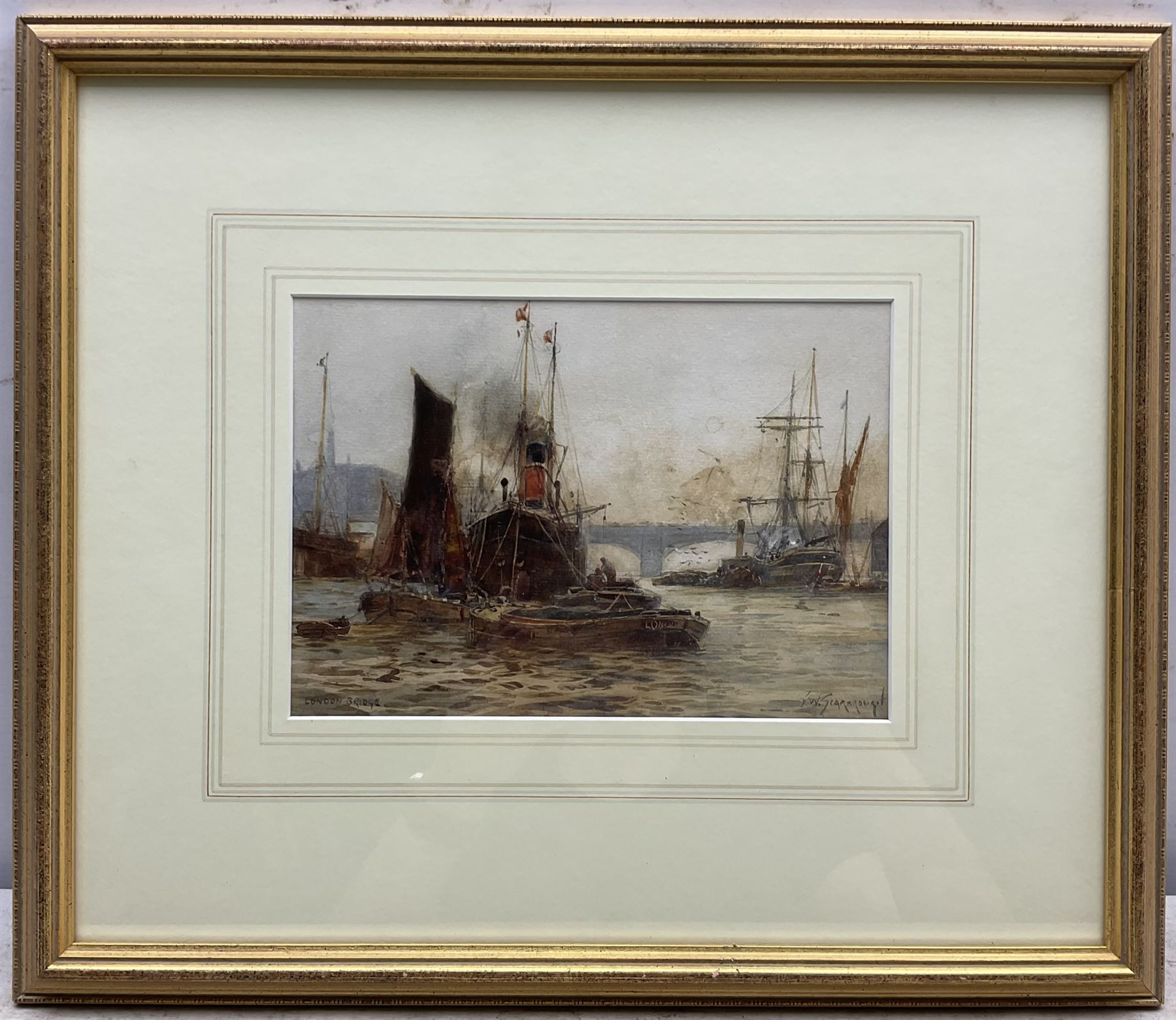 Frank (Frederick) William Scarborough (British 1860-1939): 'Sunset - Tower Pool London' and 'London Bridge', pair watercolours signed and titled 17cm x 24cm (2)