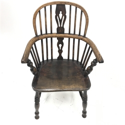 19th century ash and elm Windsor armchair, turned supports, W58cm 