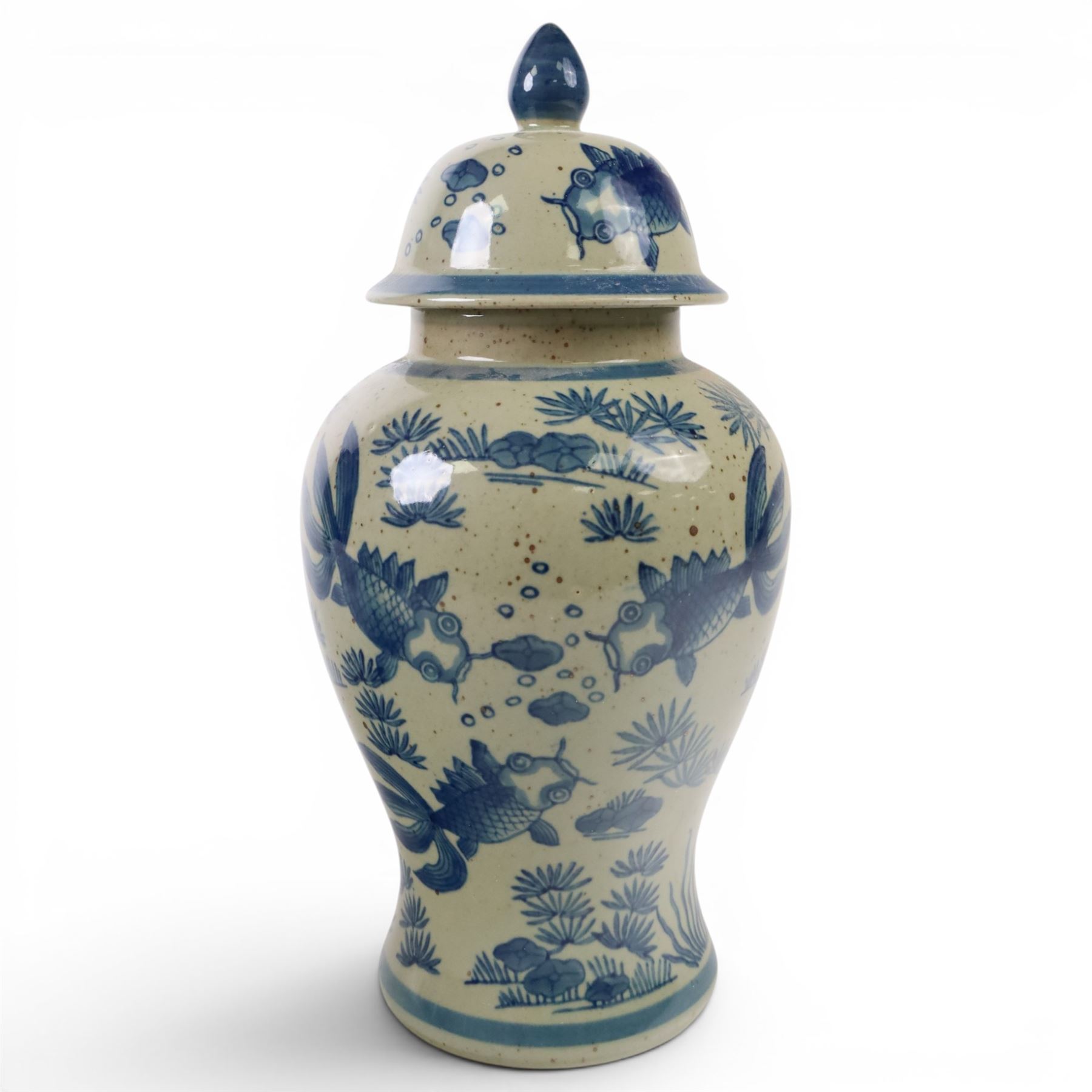 Pair of Chinese blue and white jars and covers, of baluster form, painted with fish and foliage H36cm