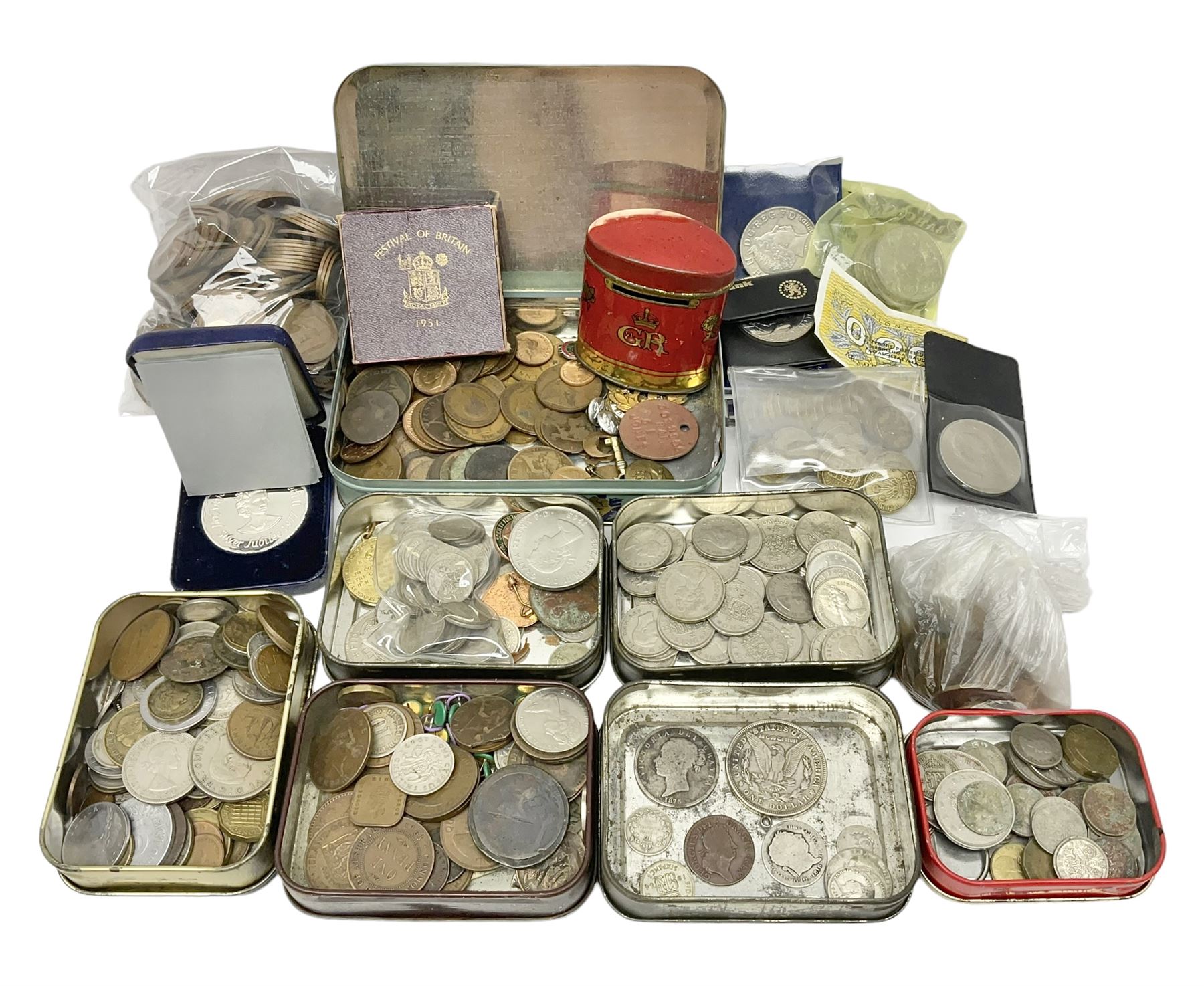 Great British and World coins, including George I 1723 farthing, Queen Victoria 1875 halfcrown, King George V one shilling, pre decimal coinage, commemorative crowns, United States of America 1921 Morgan dollar with soldered loop attached etc