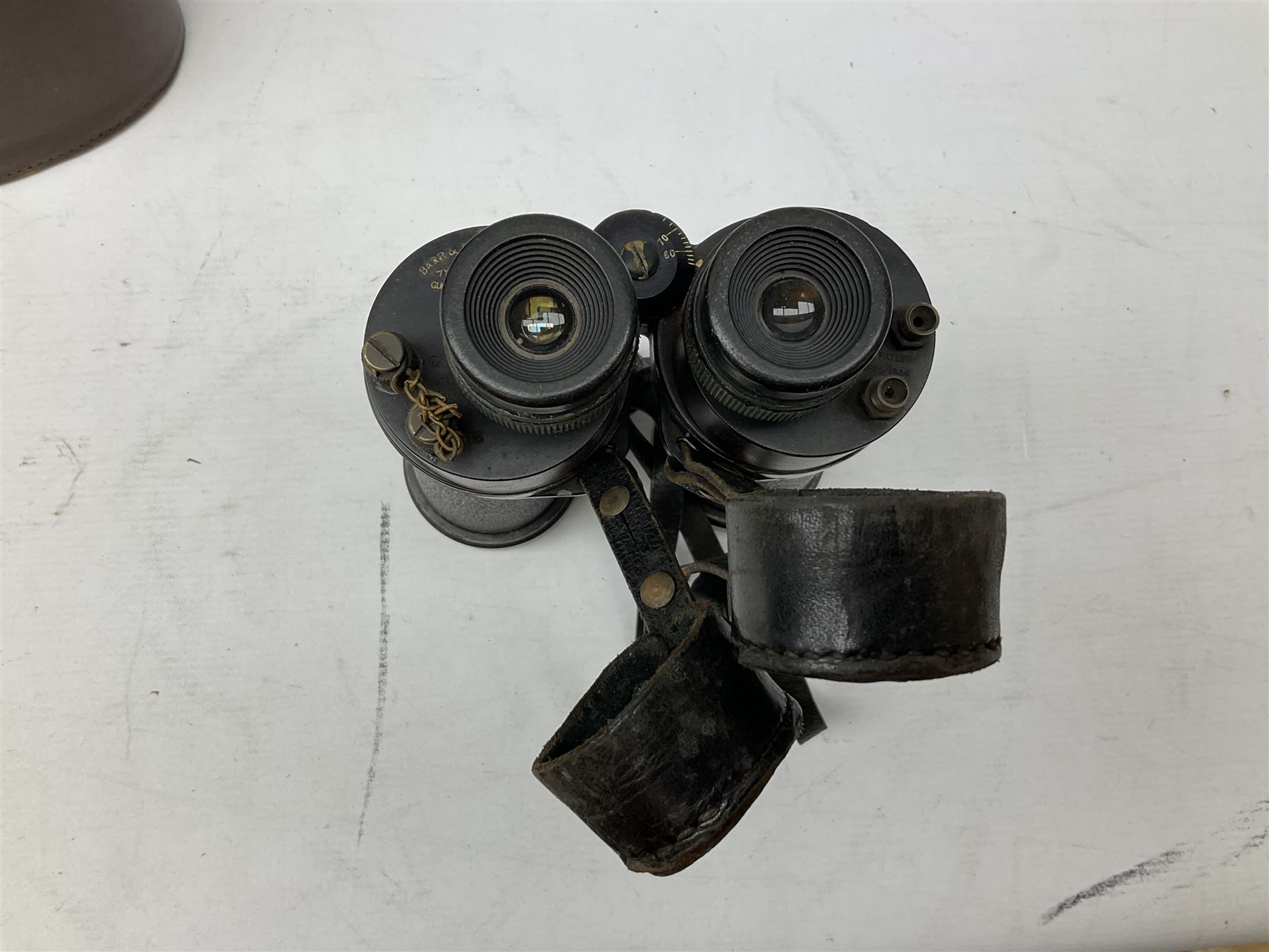 Pair of WWII Barr and Stroud CF41 naval binoculars,  A.P.1900A, with painted broad yellow military arrows, engraved Barr & Stroud, 7X CF 41, Glasgow & London, Serial no. 62984 with leather lens covers and case, H24cm