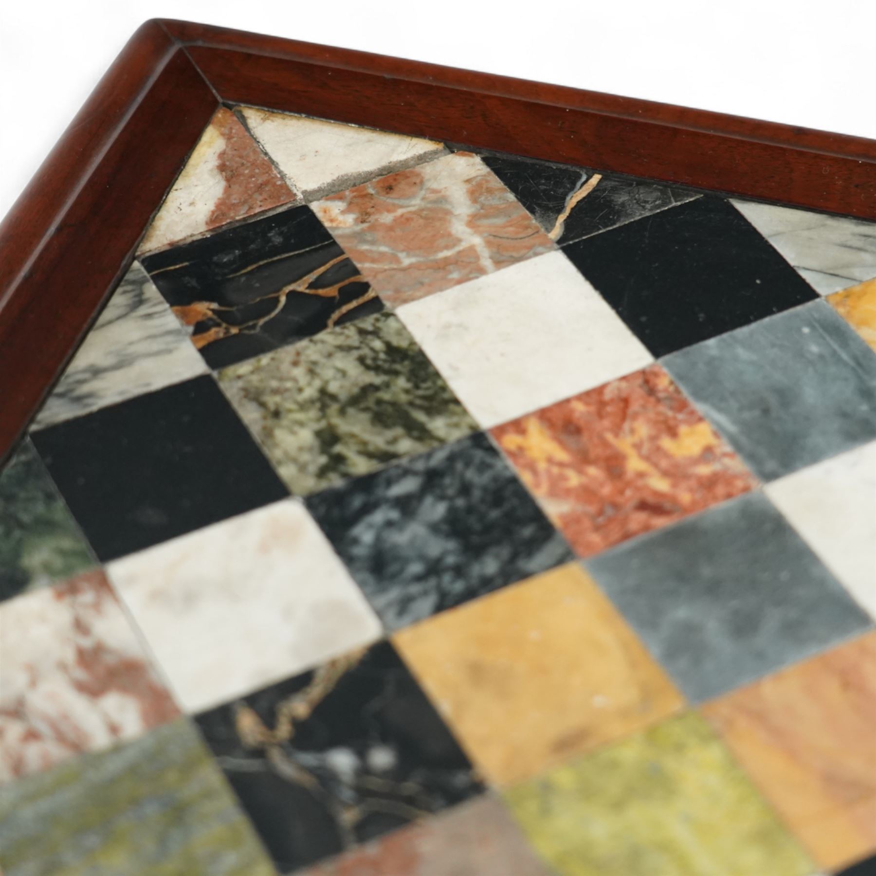 Regency style late 19th century mahogany and Italian specimen marble top console table, rectangular top inlaid with a chequered arrangement of various coloured marbles within a mahogany border, above a plain frieze raised on bold acanthus carved scroll supports over a concave plinth base