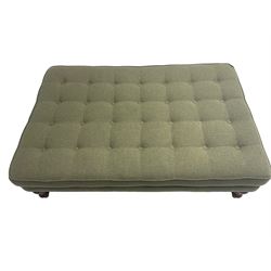 Peter Silk of Helmsley - large rectangular footstool upholstered in buttoned green tweed fabric, on turned mahogany feet