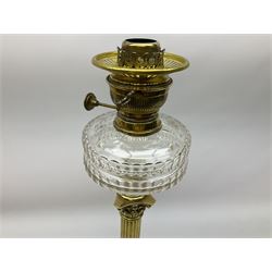 Victorian brass oil lamp, the square stepped base leading to a Corinthian column supporting a part slice cut clear glass reservoir, burner, clear glass chimney and foliate etched glass shade with amber rim, overall H80cm