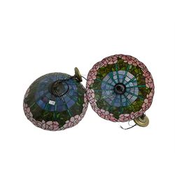 Pair large Tiffany stained glass ceiling light fittings with pink rose decoration