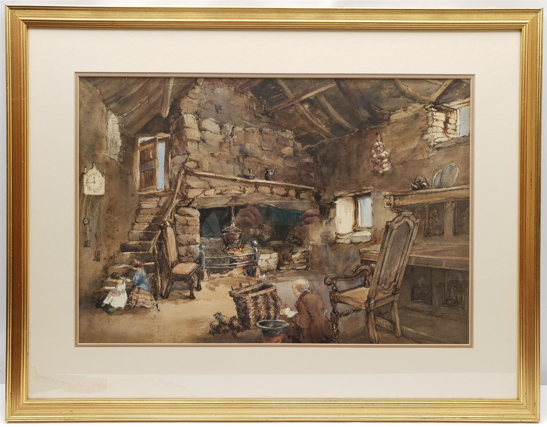 English School (Early 20th century): Figures in a Stone Cottage Interior, watercolour unsigned 39cm x 58cm