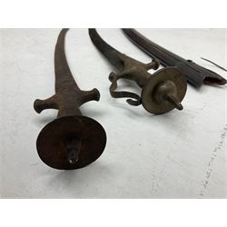 Late 19th/early 20th century Indian Tulwar sword with 81cm plain curving steel blade and iron hilt with extended langets, knucklebow and spiked pommel; in leather covered scabbard L100cm overall; and another Tulwar lacking scabbard in almost relic condition (2)