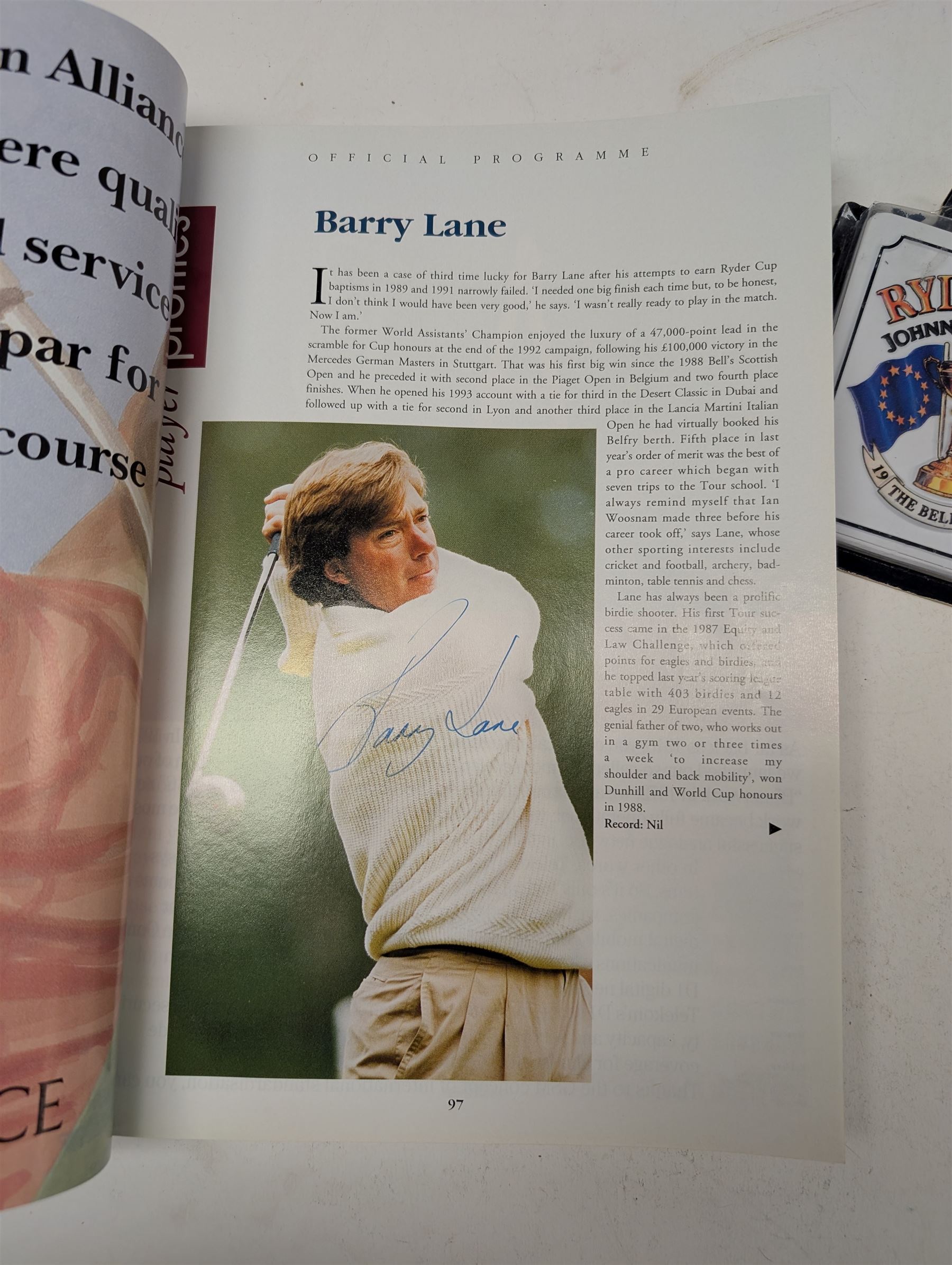 1993 Ryder Cup programme, signed by Nick Faldo, Payne Stewart, etc