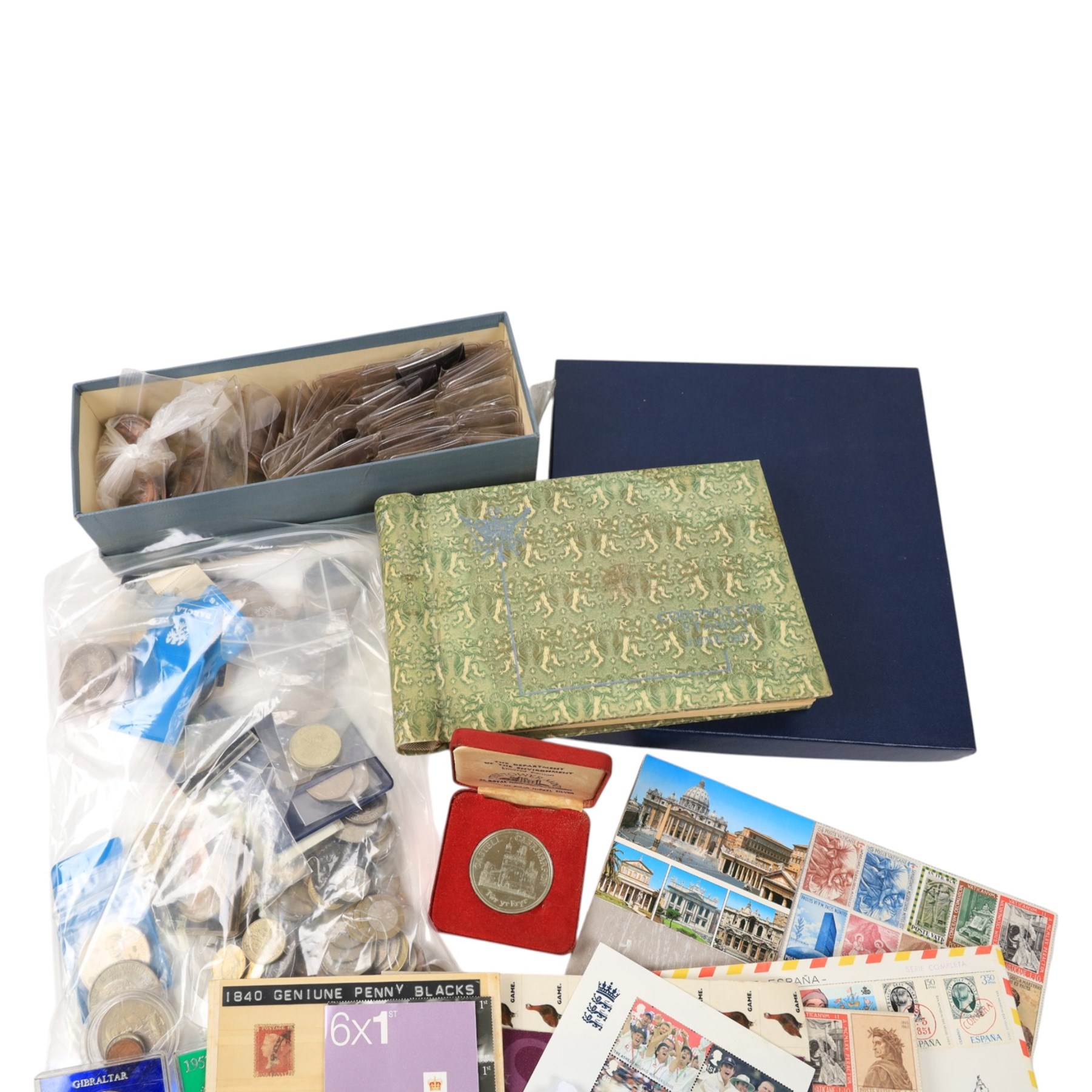Great British and World coins and stamps, including The Queen's Golden Jubilee and The Royal Family cover collections, commemorative crowns, etc