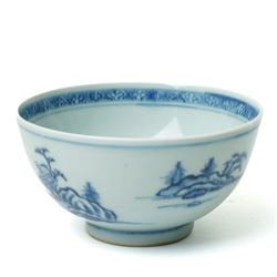 18th century Nanking cargo 'Flying geese' pattern bowl, with Christies lot sticker, D11.5cm; together with a tea bowl and saucer, probably from the Cau Mau shipwreck, in the 'Passing boats' pattern, and a dish from the Tek Sing shipwreck (4)