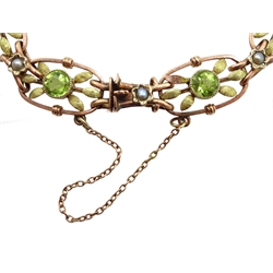 Rose gold peridot and split seed pearl link bracelet, stamped 9ct 