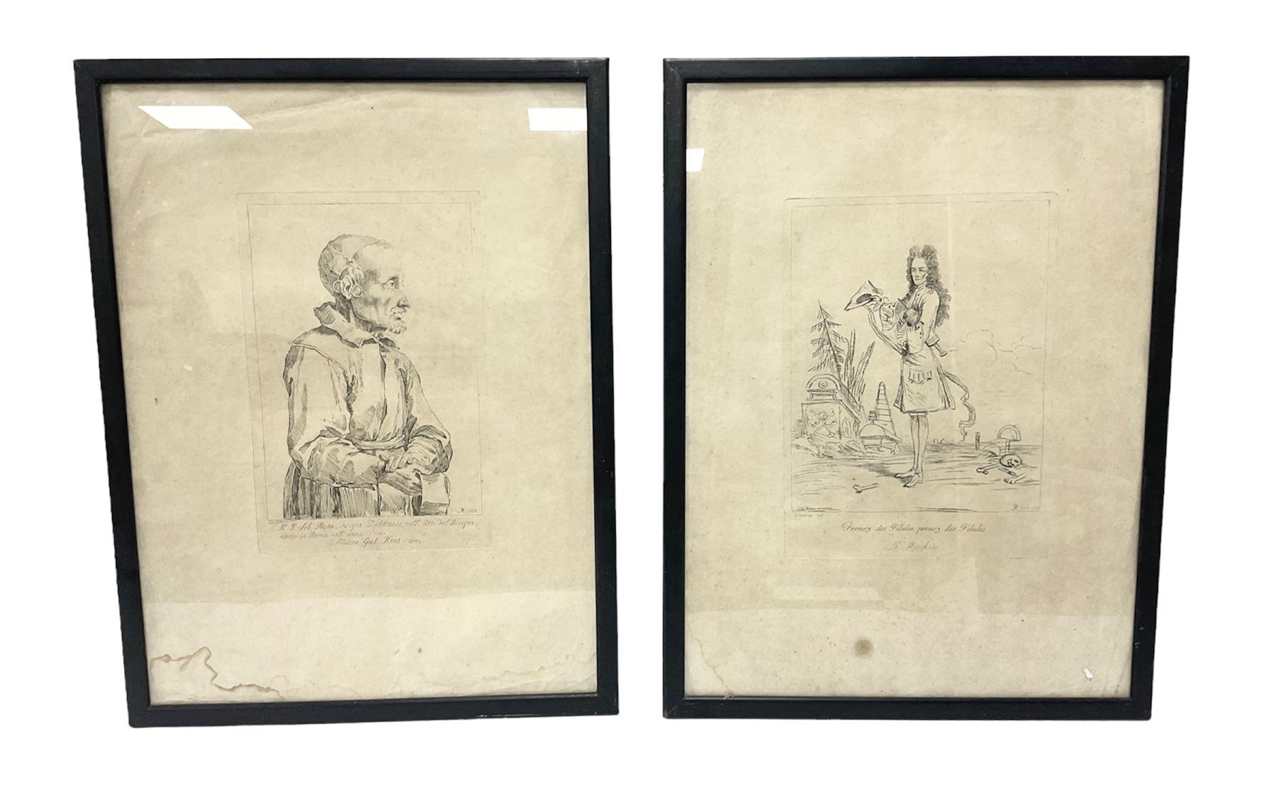 Arthur Pond (British 1701-1758) after Jean-Antoine Watteau (French 1684-1721): 'Prenez des Pilules' - Portrait of the quack doctor John Misaubin (Jean de Misaubin); Arthur Pond after Pier Leone Ghezzi (Italian 1674-1755): Caricature of William Conolly MP, pair 18th etchings (2)