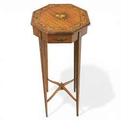 Edwardian inlaid satinwood occasional table, the octagonal top with central painted classical urn within floral garland border, shaped frieze with further painted swags, raised on square tapering legs united by an undertier stretcher