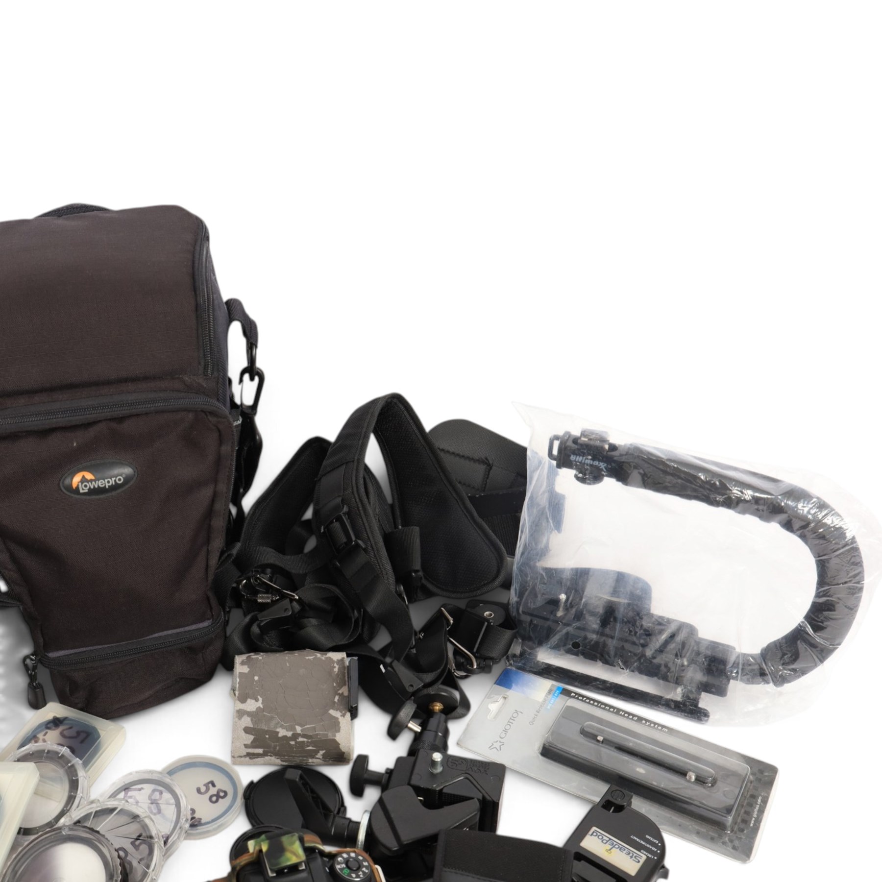 Canon EOS 90D DSLR camera body serial no. 064051002694, in a silicon camouflage case, with a Canon EF-S 17-85mm 1:4-5.6 Image Stabilising Ultrasonic zoom lens serial no. 4512926109, Canon Extender EF 1.4 x III and other accessories including Lowepro carry case, Visionary clamp, Canon Speedlite 430 EXII, Ultimaxx Grip Stabiliser, Newell Dual Battery Charger, Very100 sight, Olympus OM-D EE-1 dot sight, various filters, etc