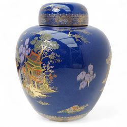 Large Carlton ware ginger jar and cover decorated in the New Mikado pattern on a blue ground H33cm, matching candlestick and a Masons Ironstone pink Vista pattern ginger jar and cover H23cm
