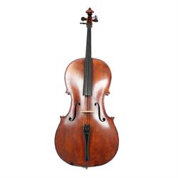 Early 19th century English cello by Samuel Gilkes of London, circa 1820, with two piece back and pine table finished in a golden brown varnish, certificate of authenticity from D.R Hill & Son, Buckinghamshire, numbered H494 in their records, in Hiscox hard case, with two horse hair cello bows, the first an English example stamped Ferranda Millars Liverpool, the second a German example stamped R. Paesold, both with ebonised mother of pearl/abalone frogs and ivory tip plates
This item has been registered for sale under Section 10 of the APHA Ivory Act