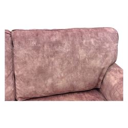 Contemporary Alstons ‘Memphis’ sofa bed, upholstered in ‘Dusk Velvet’ polyester blend, featuring broad arms, two seat cushions, and a concealed fold-out metal action bed with mattress