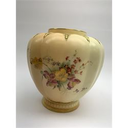 A Royal Worcester blush ivory potpourri jar and cover, of lobed form decorated with floral sprays and heightened with gilt, with printed marks beneath, RdNo112589, shape 1312, overall H19.5cm.