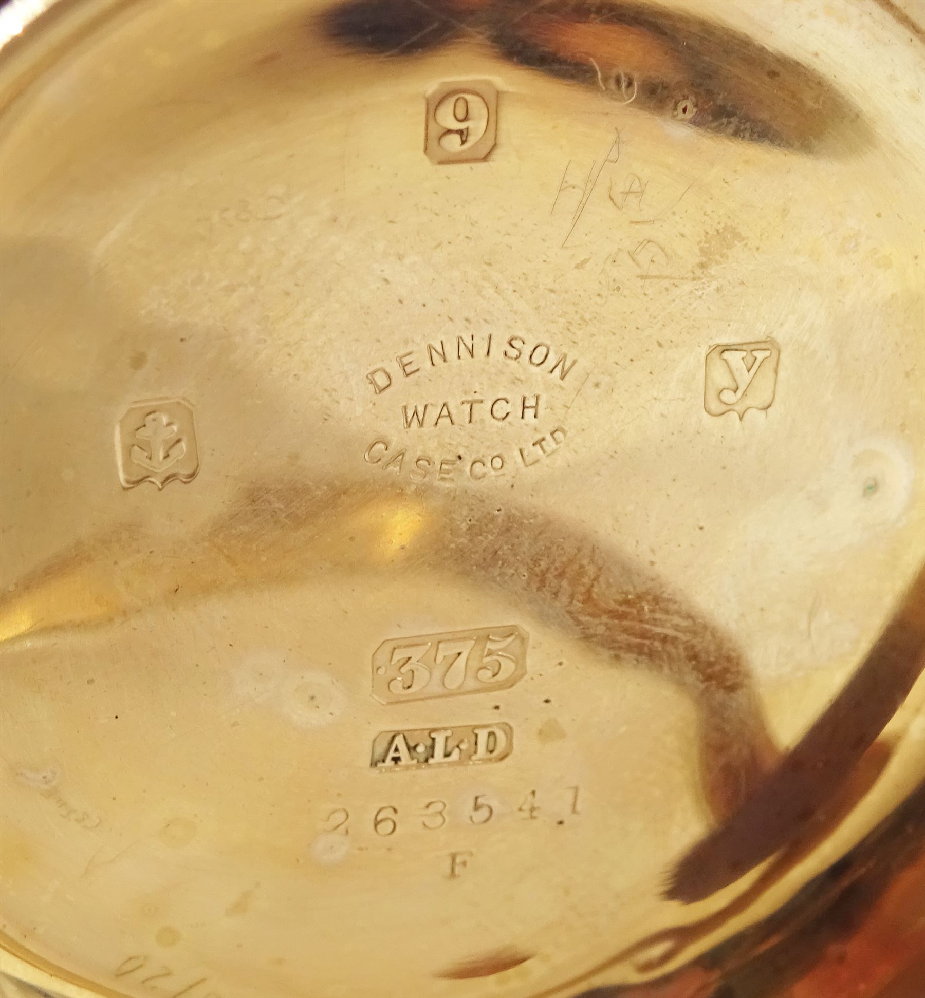 Early 20th century 9ct gold open face keyless lever pocket watch by American Watch Company, Massachusetts, No. 22993016,  white enamel dial with Arabic hour markers and subsidiary seconds dial, case by Dennison, Birmingham 1923